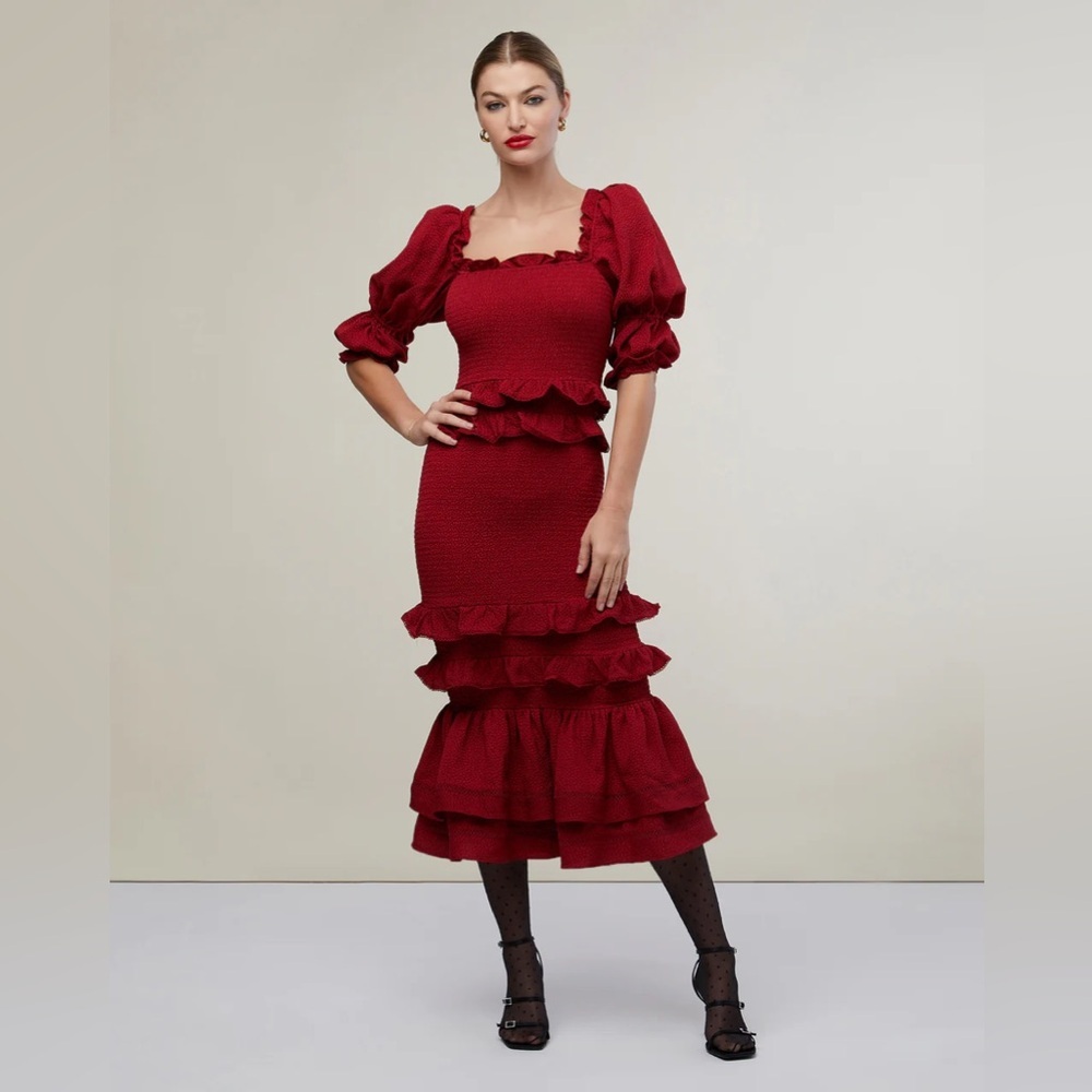 Rachel Parcell‎ Red Ruffled Smocked Midi Dress large NWT
